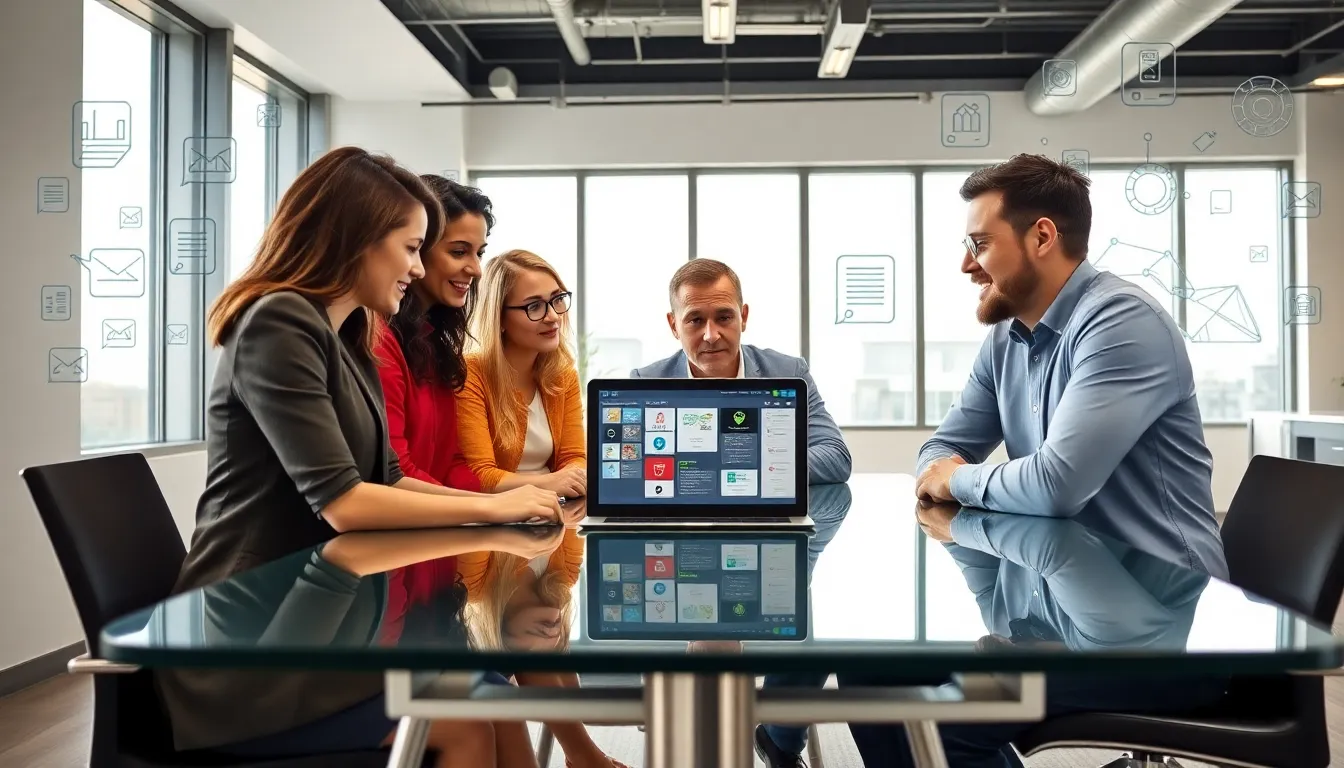 diverse team collaborating on a low code insurance platform in a modern office.