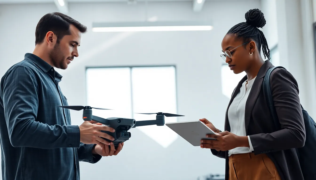 professionals discussing features of a Black Falcon Drone in a modern office.