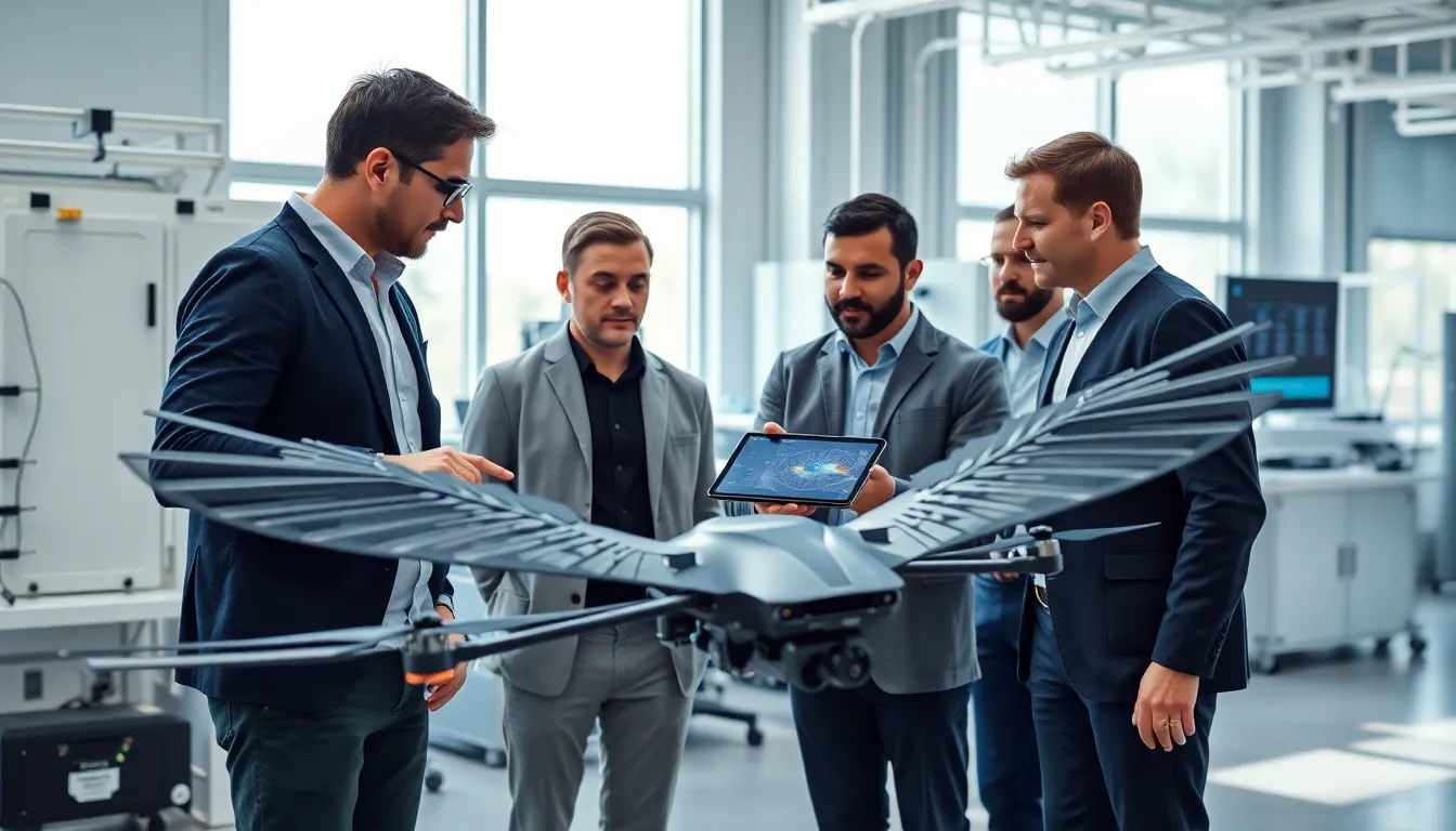 engineers collaborating around a crow-like drone in a modern lab.