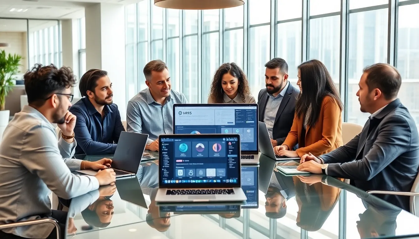 diverse professionals discussing low code integration in a modern office.