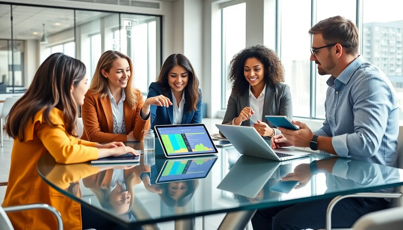 diverse team collaborating on low code development in a modern office.
