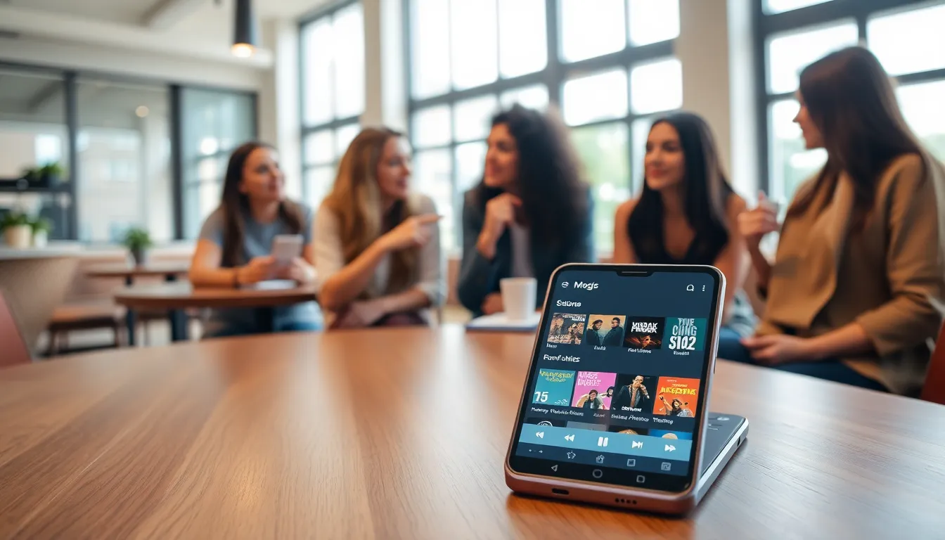 group discussing music download options at a cafe.