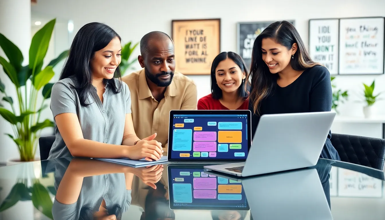 diverse team collaborating using a bubble coding interface in a modern office.