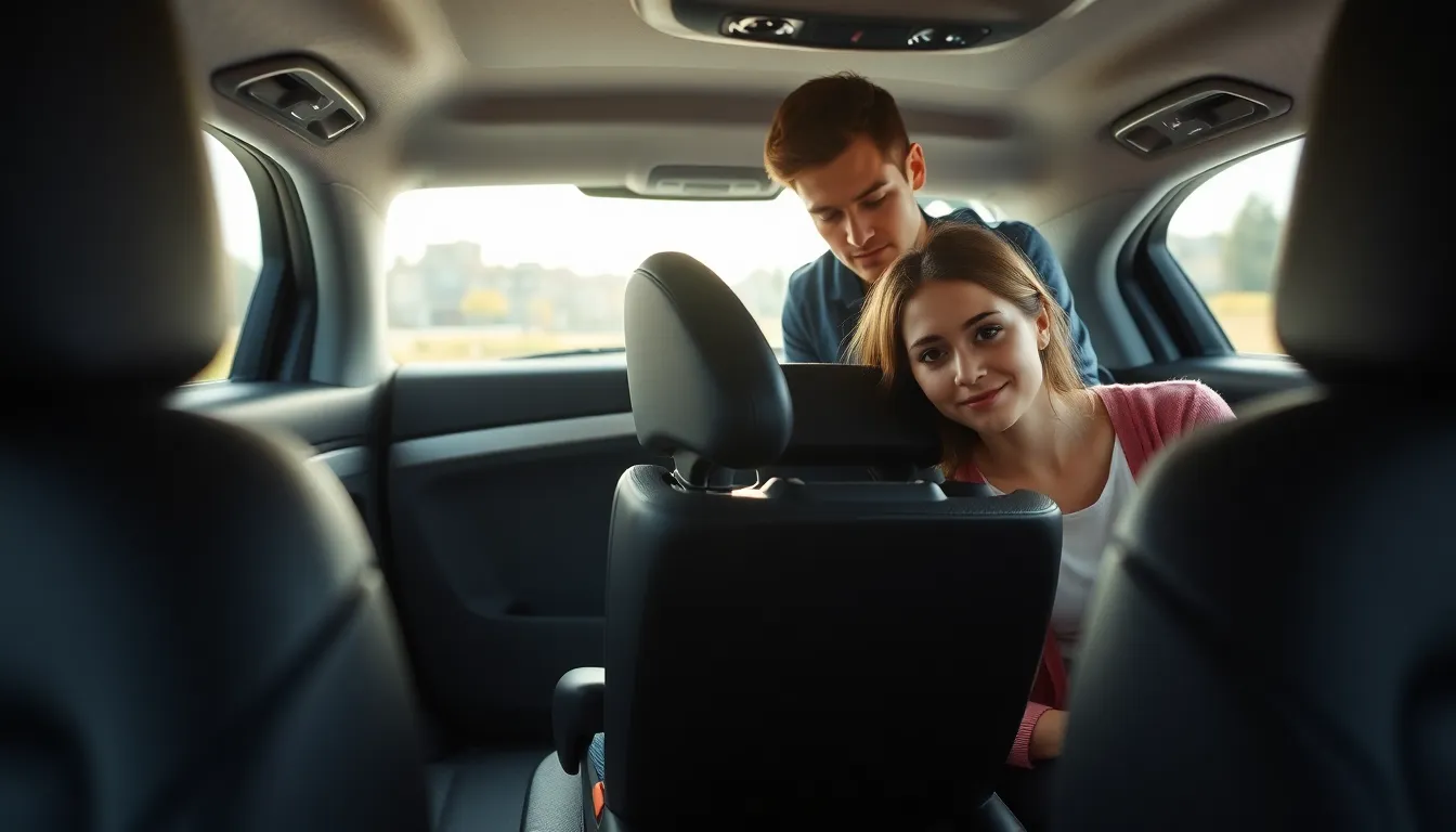 parent checking the expiration date on a car seat in a modern vehicle.