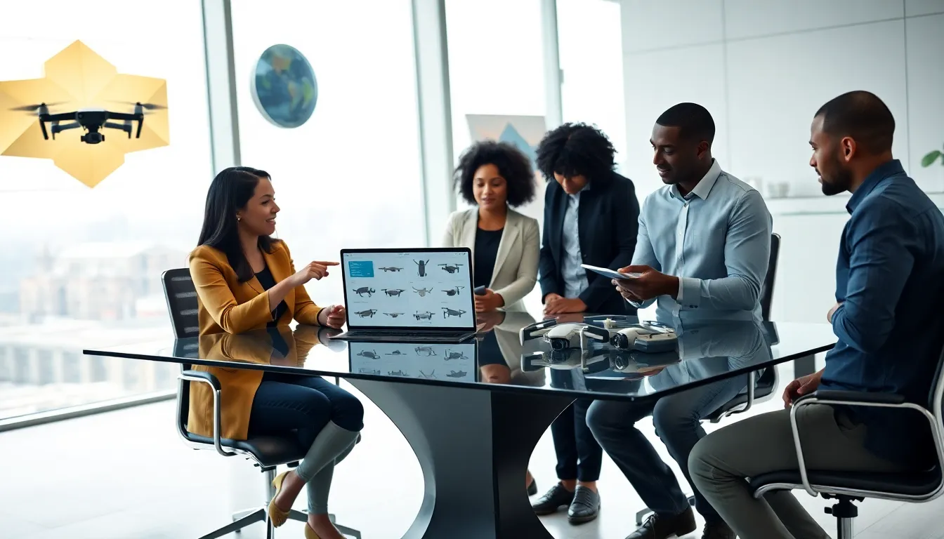 diverse team discussing used drones in a modern office.