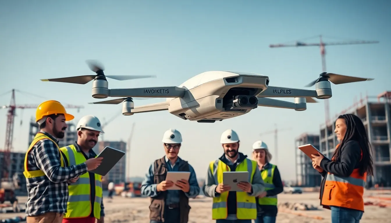 worker drone in action above a construction site with diverse professionals.