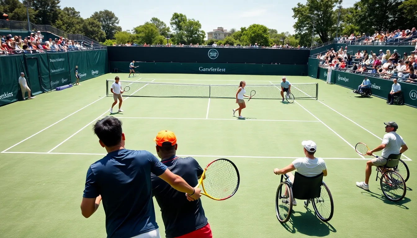 Diverse tennis players in action, showcasing various game formats.