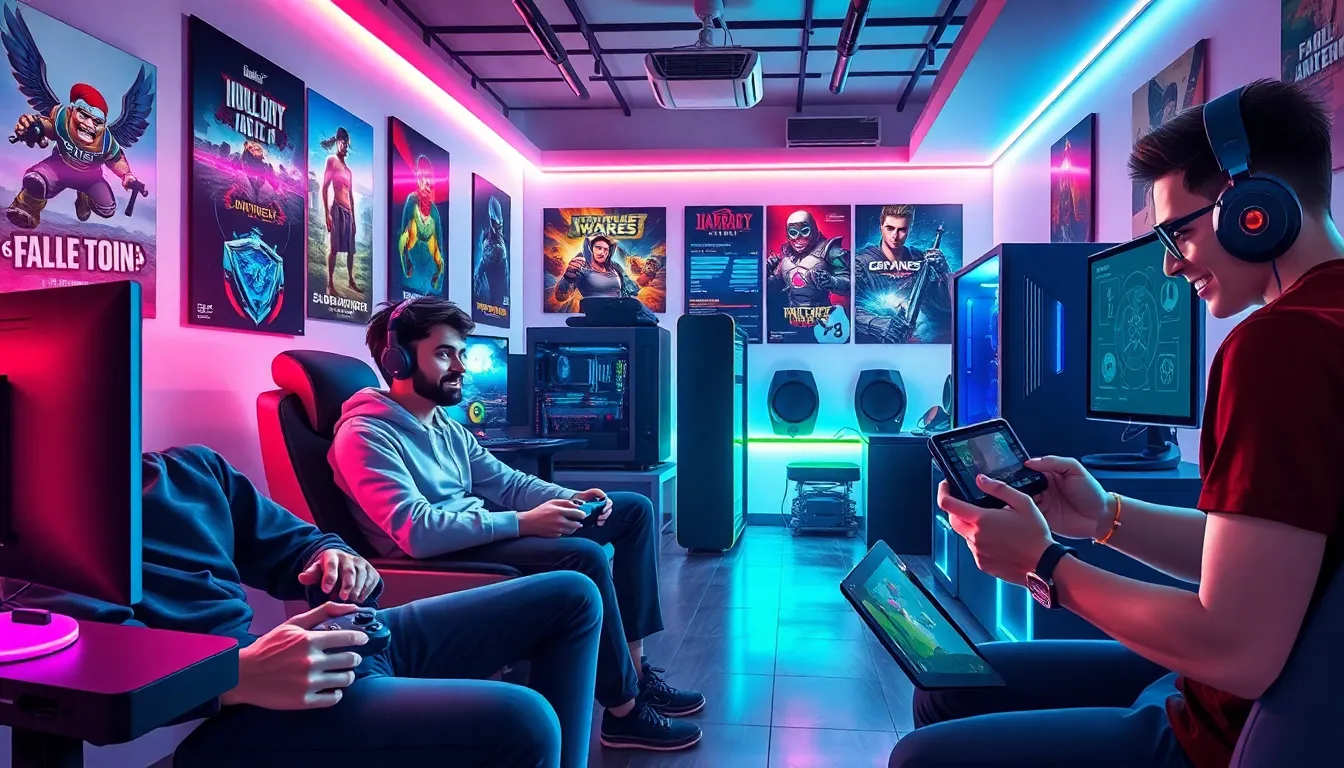 diverse group of gamers engaged in gaming activities in a modern setting.