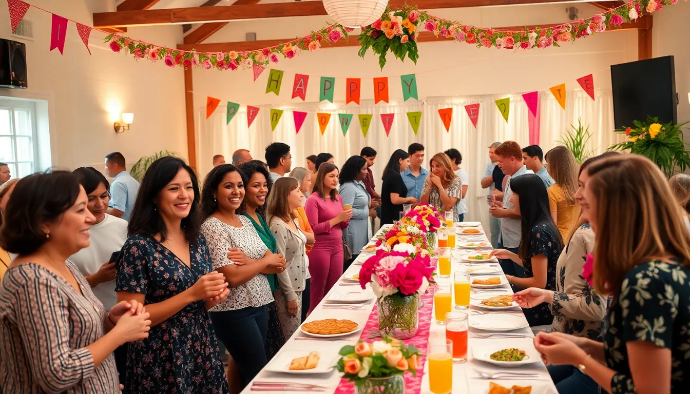 diverse group celebrating at a creatively decorated thrifty event.