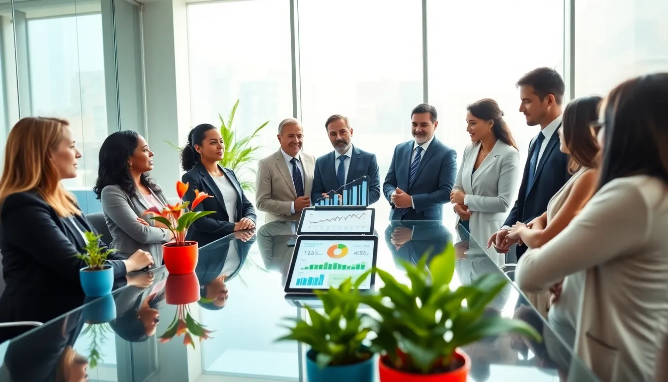 diverse team discussing sustainable energy solutions in a modern office.