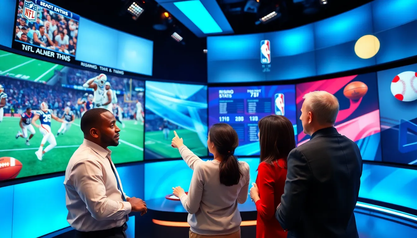 diverse sports analysts discussing major league updates in a modern studio.