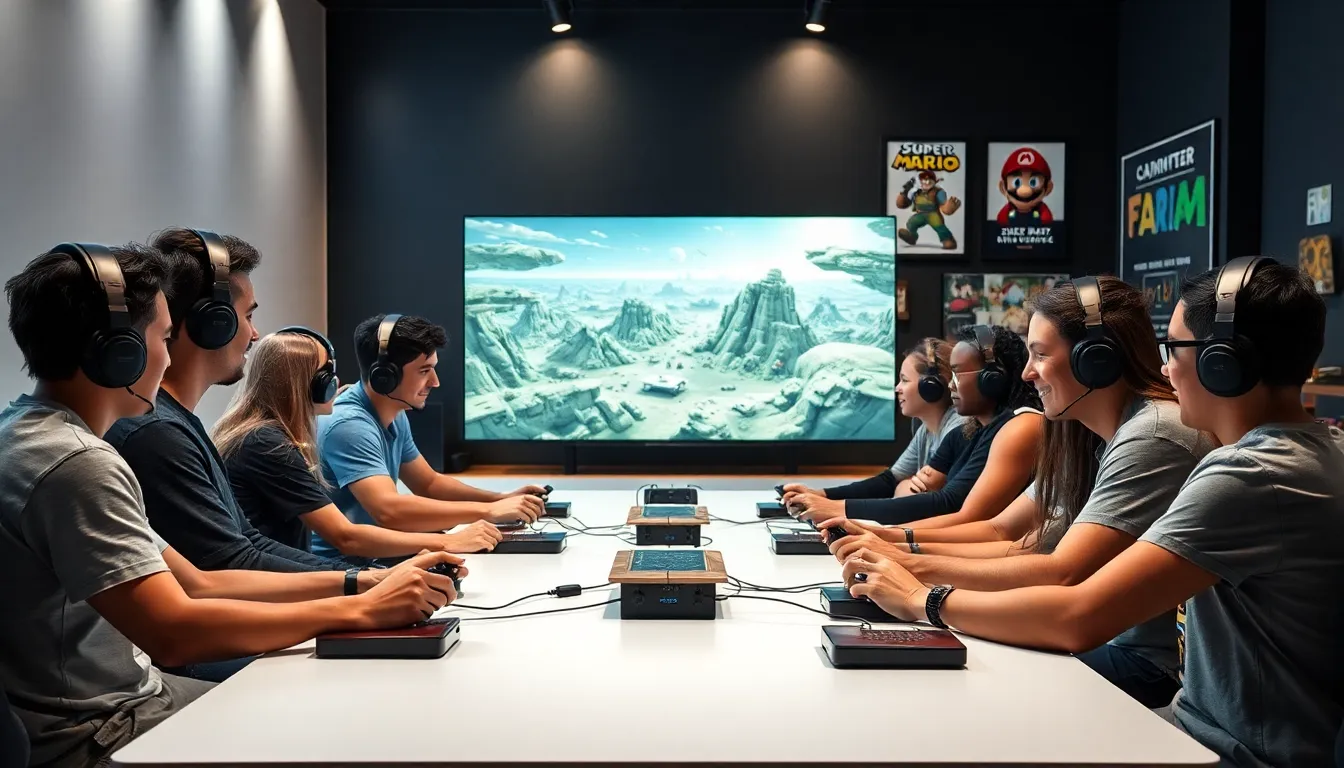 diverse group of gamers immersed in a modern gaming studio.