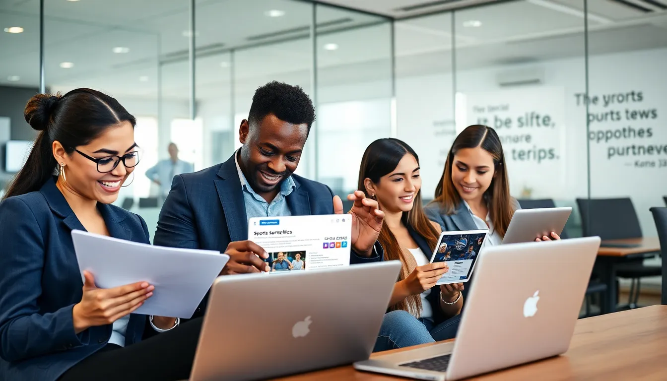 diverse team discussing sports updates in a modern office.