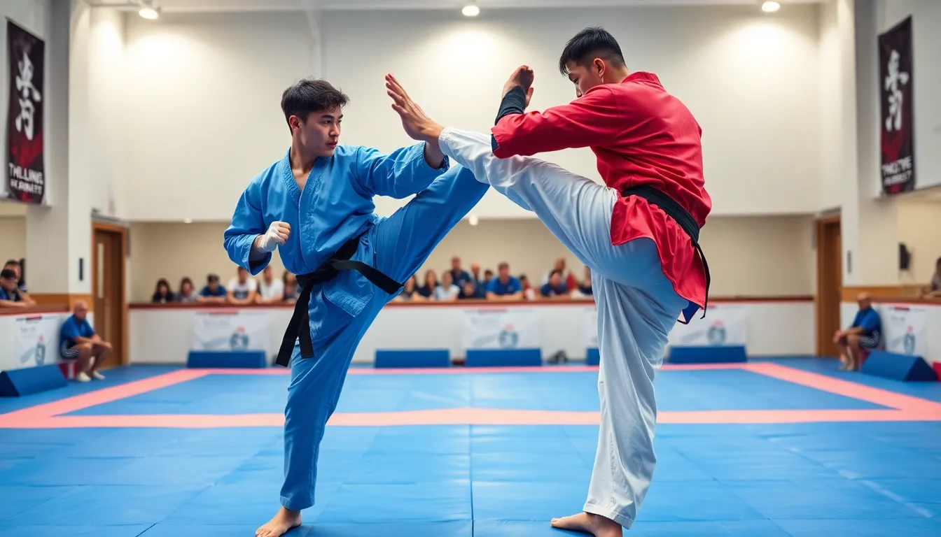 two taekwondo fighters in action during a match in a modern gym.