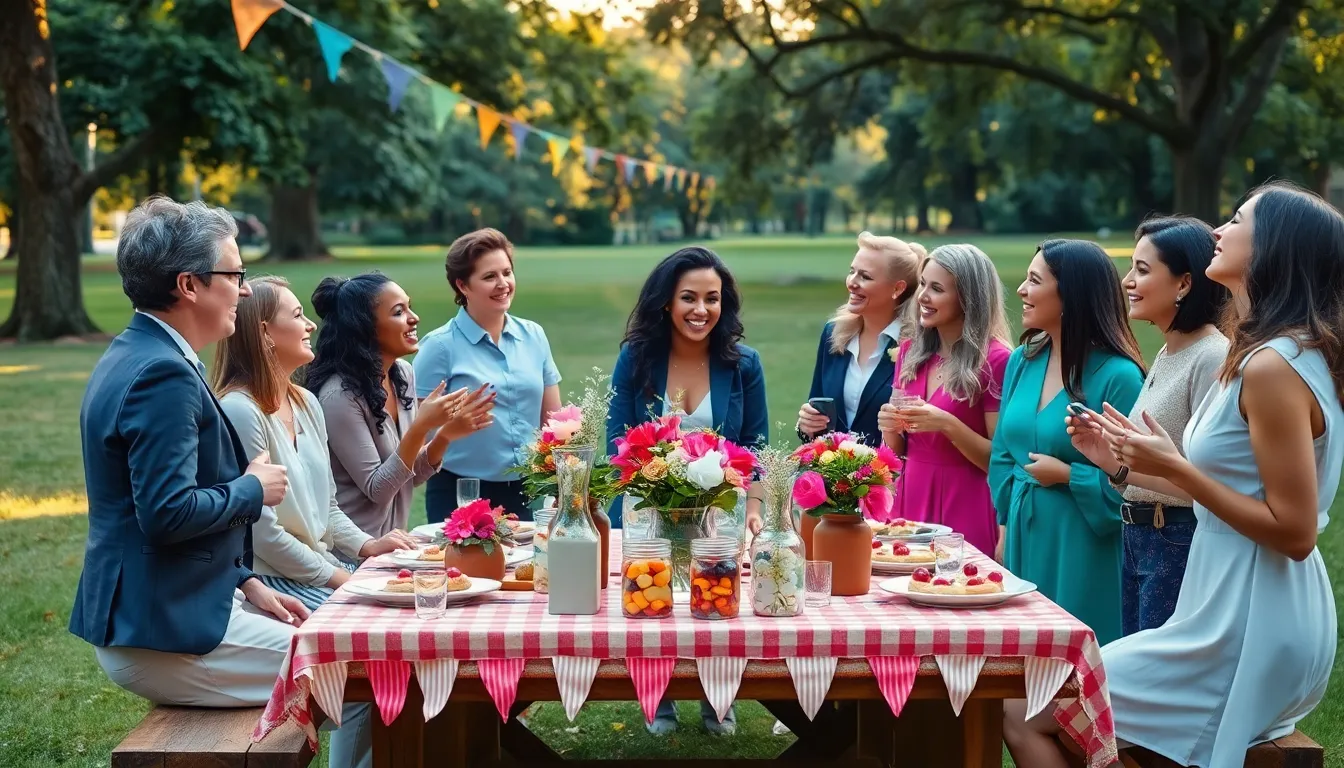 diverse group enjoying a thrifty outdoor event in a park setting.