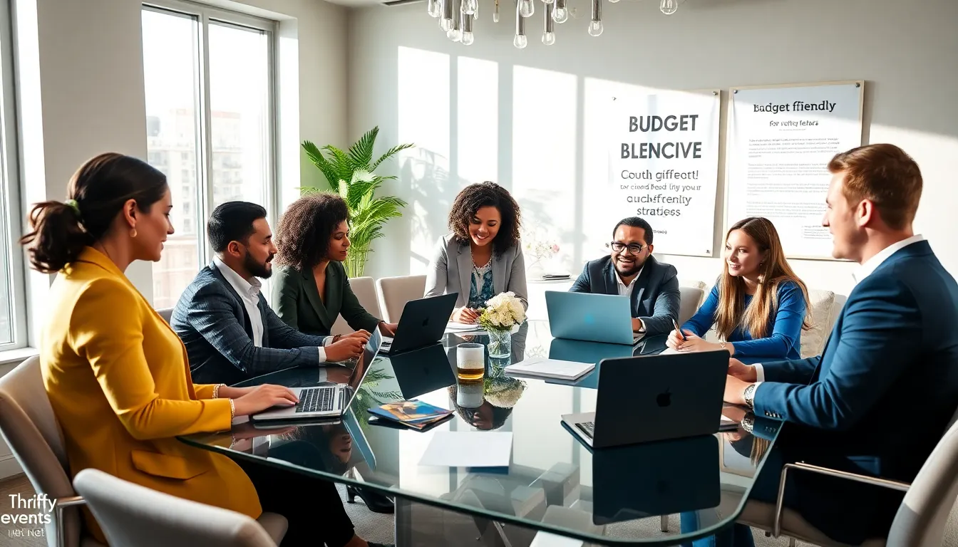diverse team planning a budget-friendly event in a modern office.
