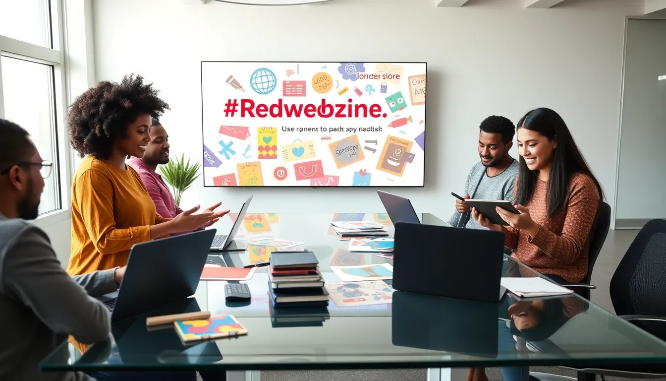 diverse team collaborating on content for #Redwebzine in a modern office.