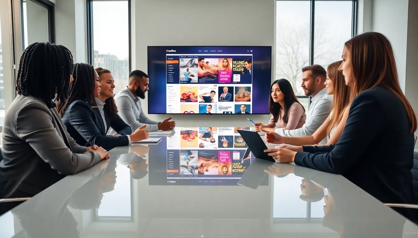 diverse professionals brainstorming around a conference table with digital magazine on screen.