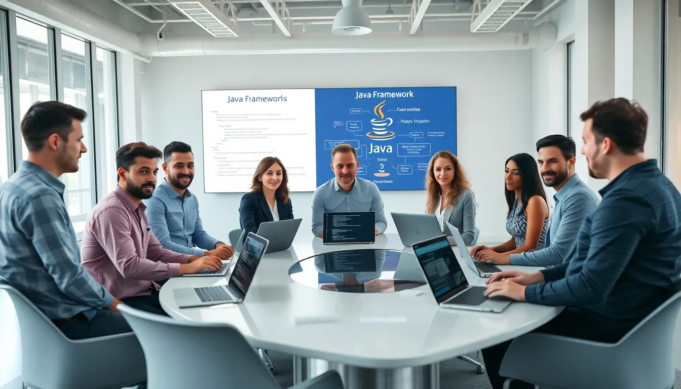 diverse developers collaborating on Java code in a modern office.