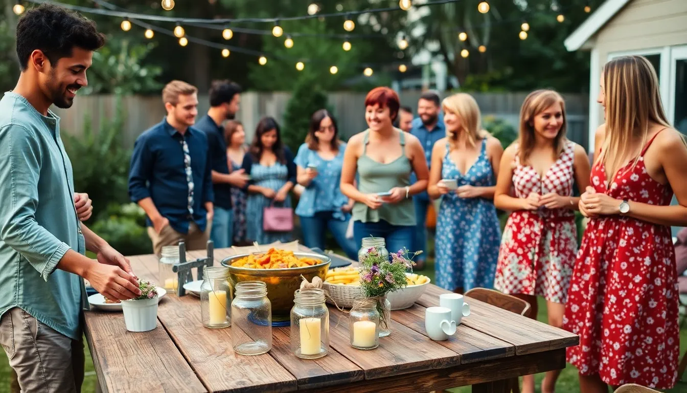 diverse group setting up a potluck dinner in a cozy backyard.