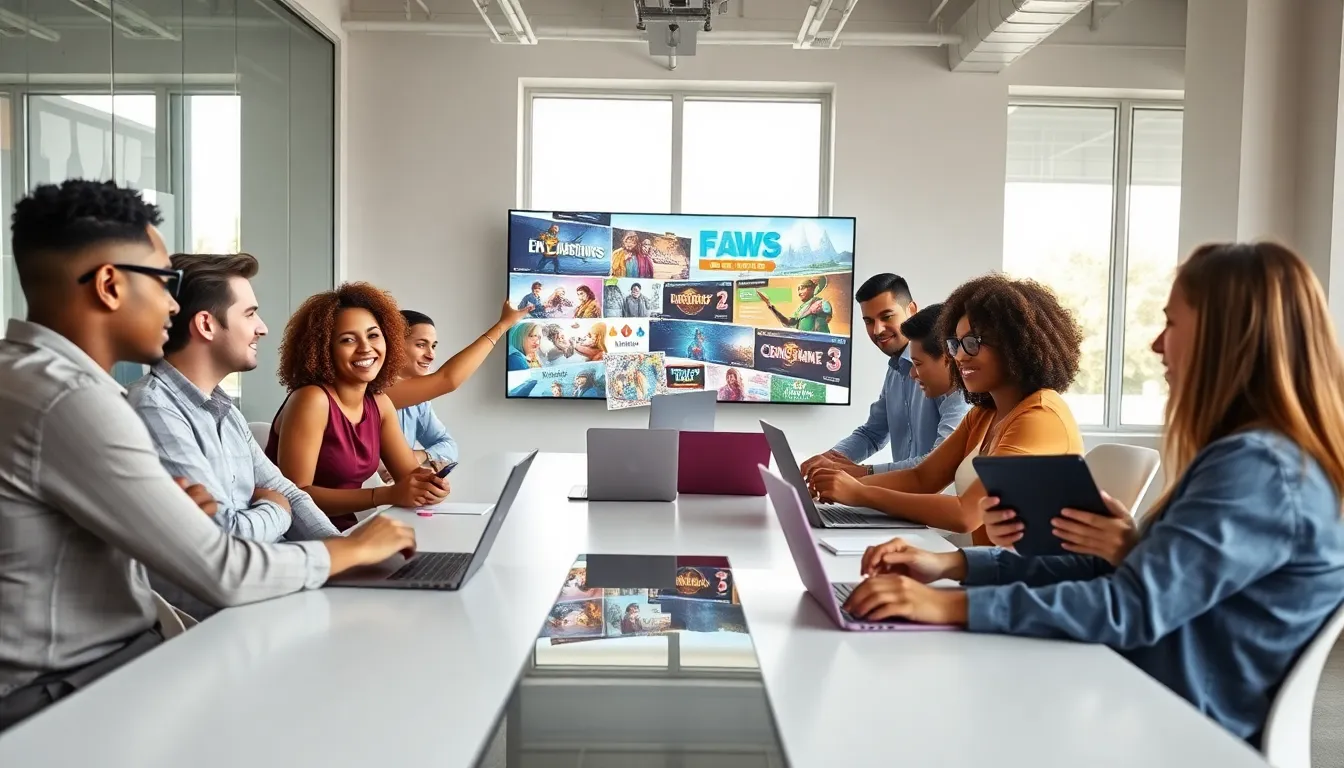 diverse team collaborating on game designs in a modern office.