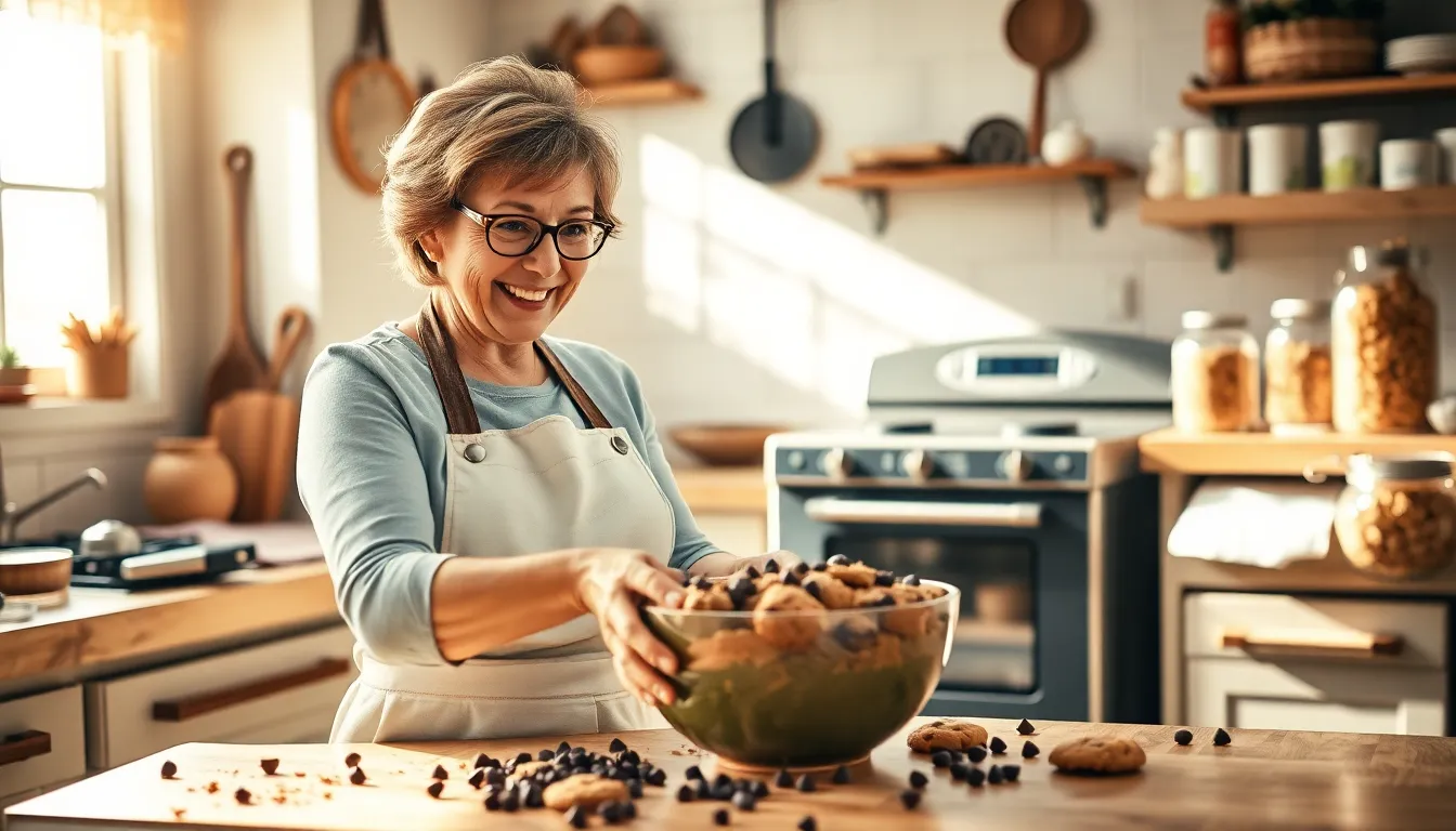 baker mixing cookie dough in a cozy kitchen.