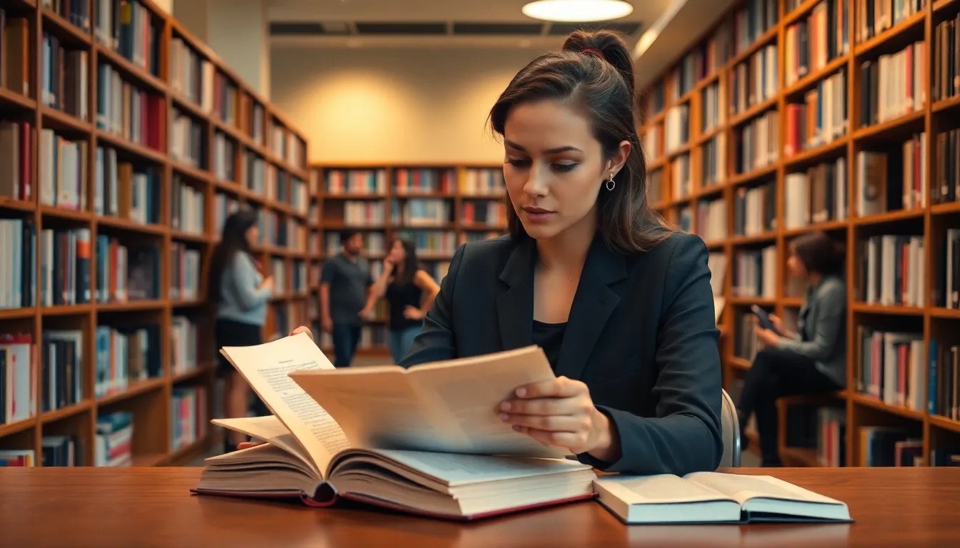 young woman reading in a modern library, surrounded by books.