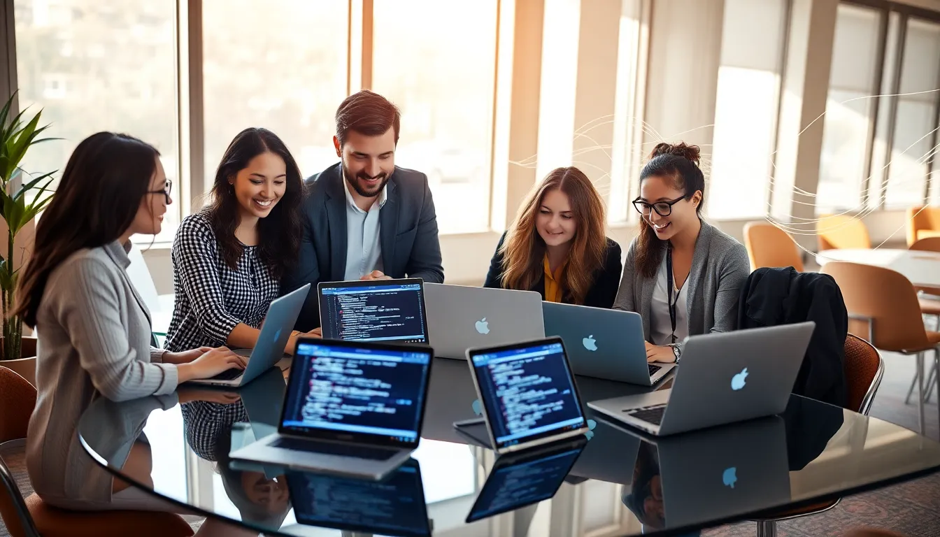 diverse team collaborating on digital projects in a modern office.