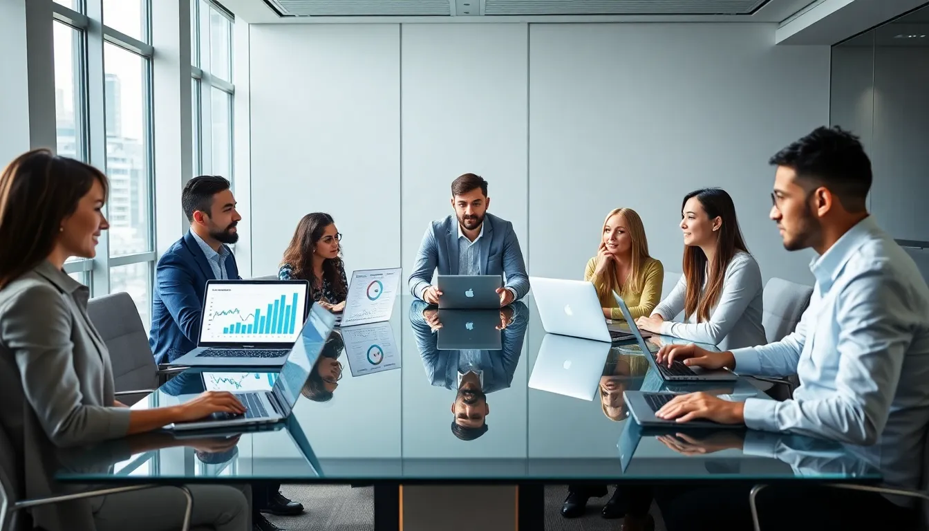 diverse team collaborating in a modern workspace with digital tools.