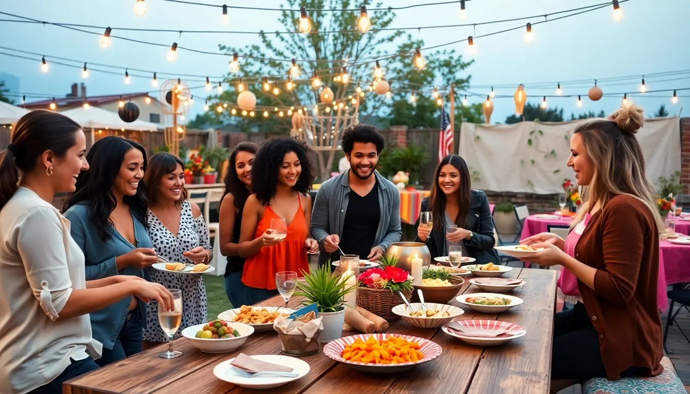 diverse group enjoying a potluck meal at a thrifty event outdoors.
