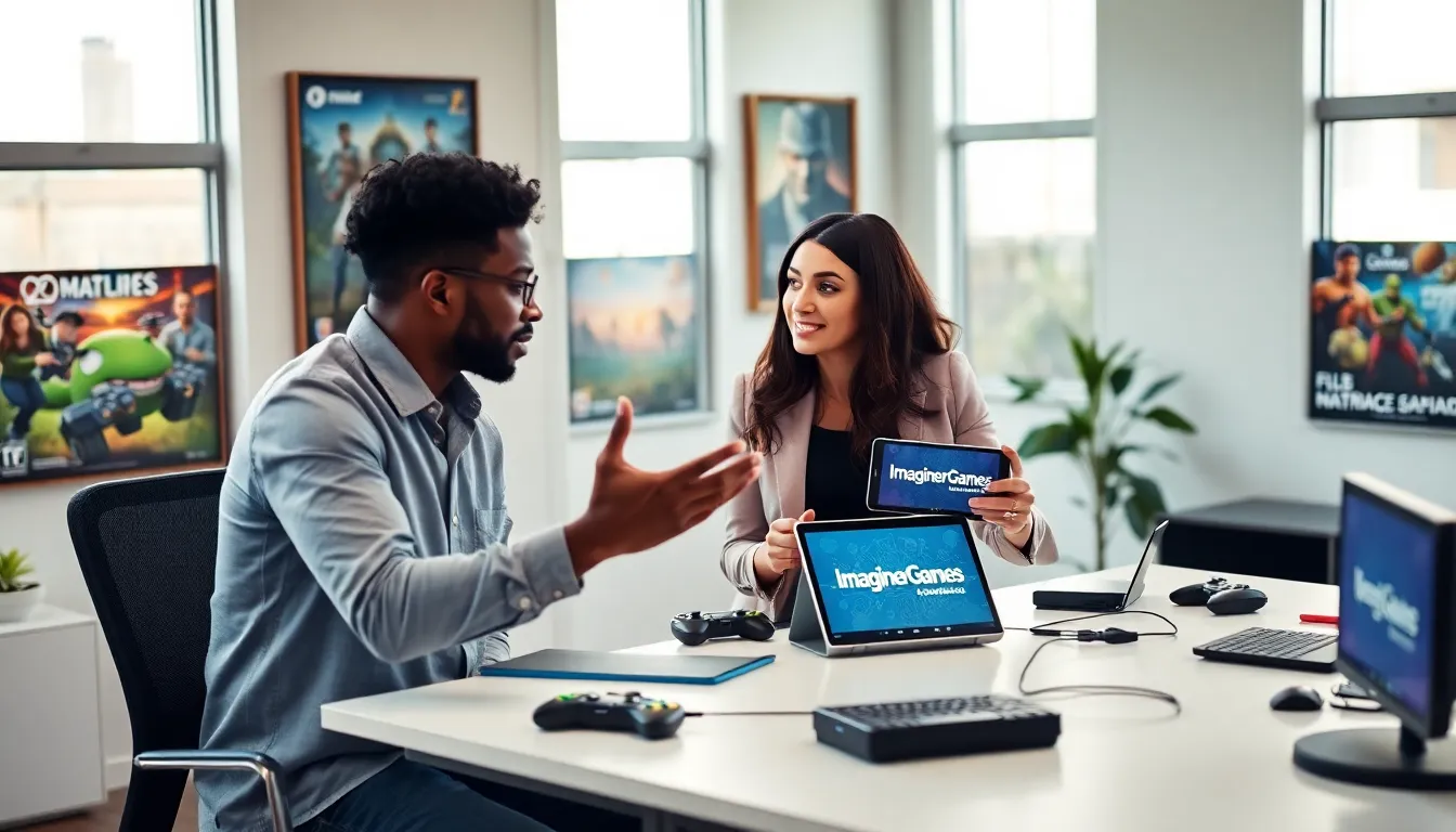 professionals discussing gaming in a modern office.