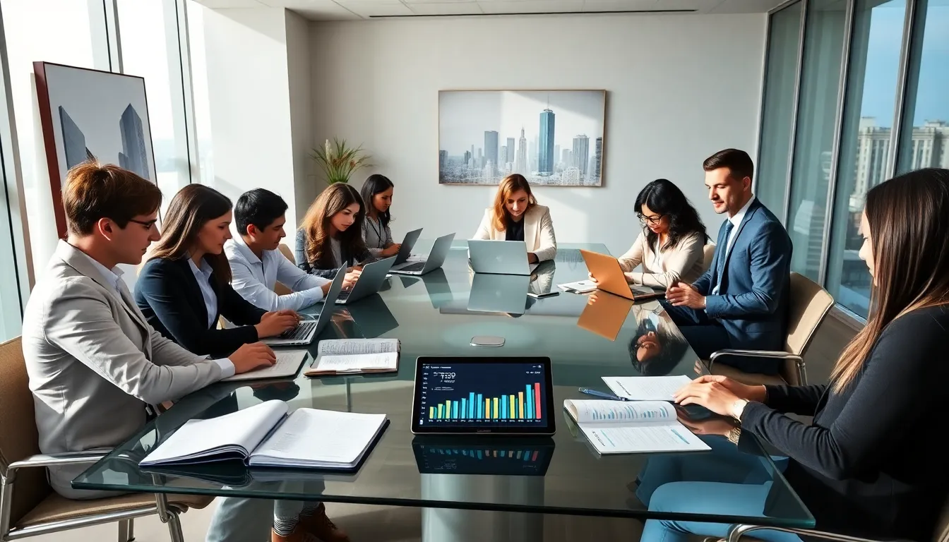diverse professionals collaborating in a modern office setting.