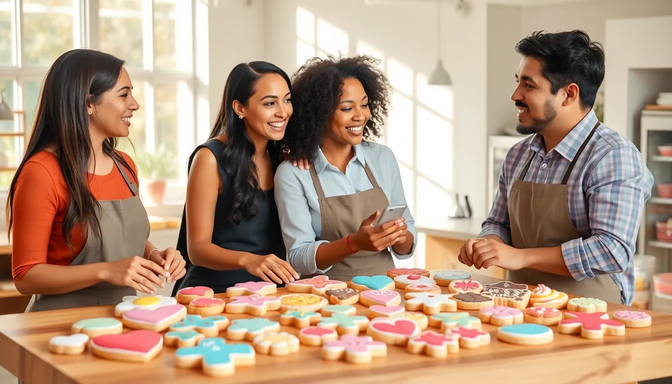 diverse team showcasing beautifully crafted cookies in a bright bakery.