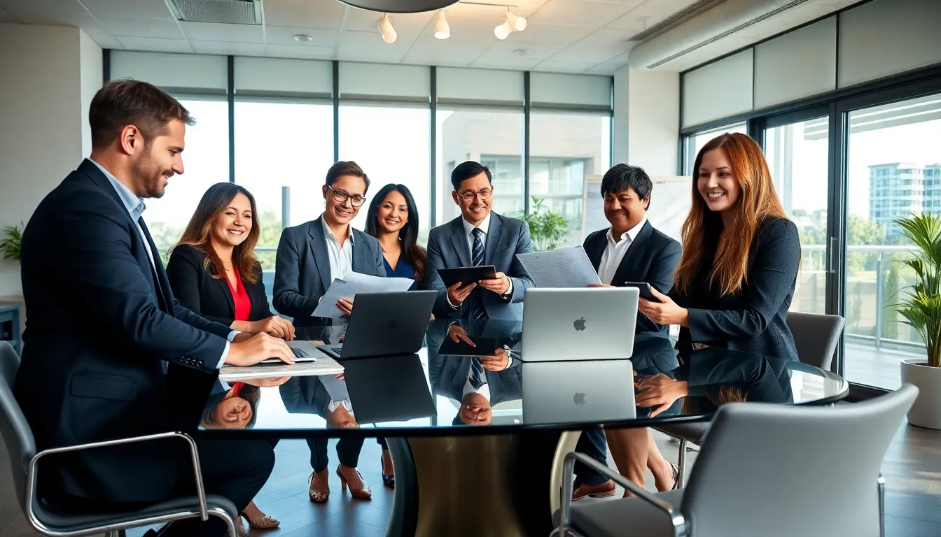 diverse real estate team collaborating in a modern office.