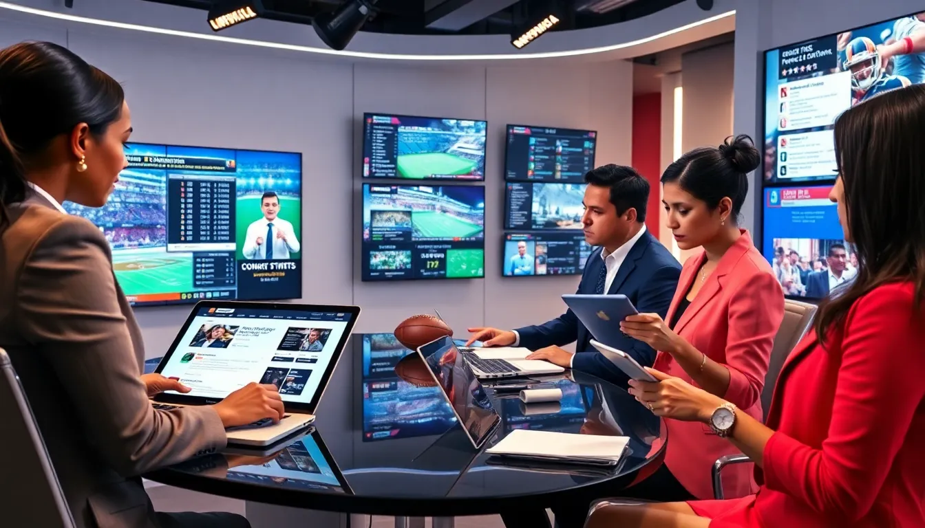 diverse sports journalists reporting in a modern newsroom.