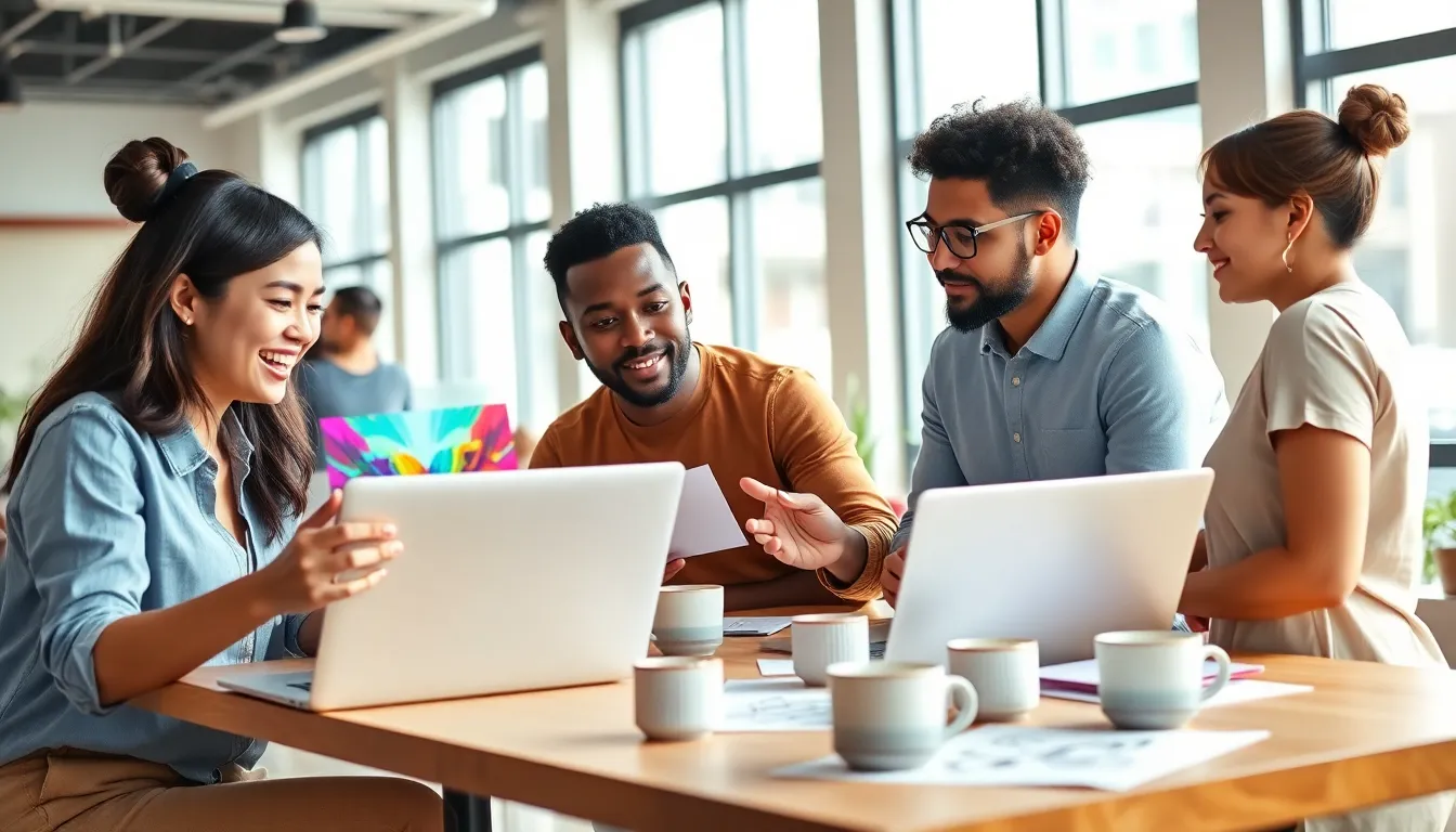 diverse professionals collaborating in a modern co-working space.
