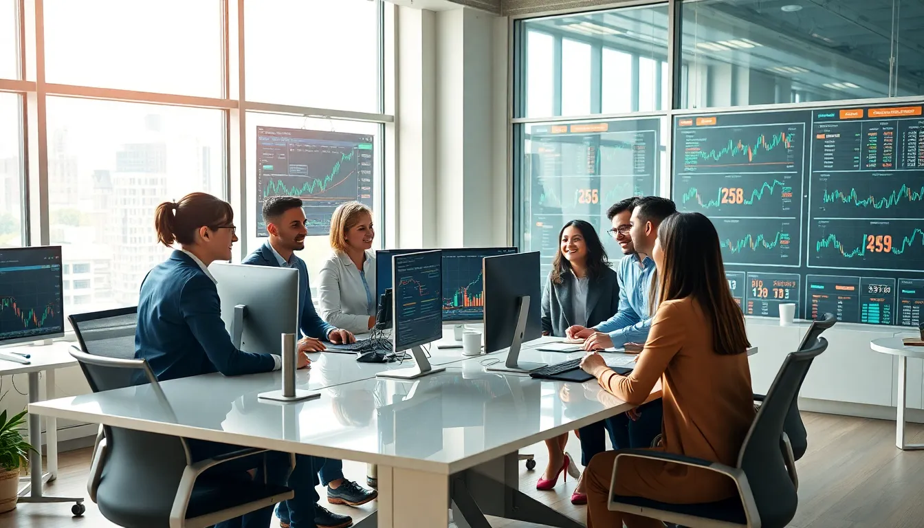 diverse professionals collaborating on cryptocurrency trading in a modern office.