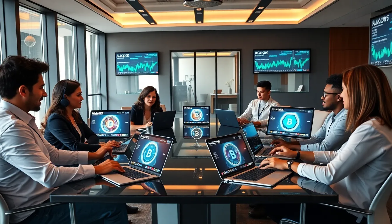 diverse professionals discussing altcoin wallets in a modern office.