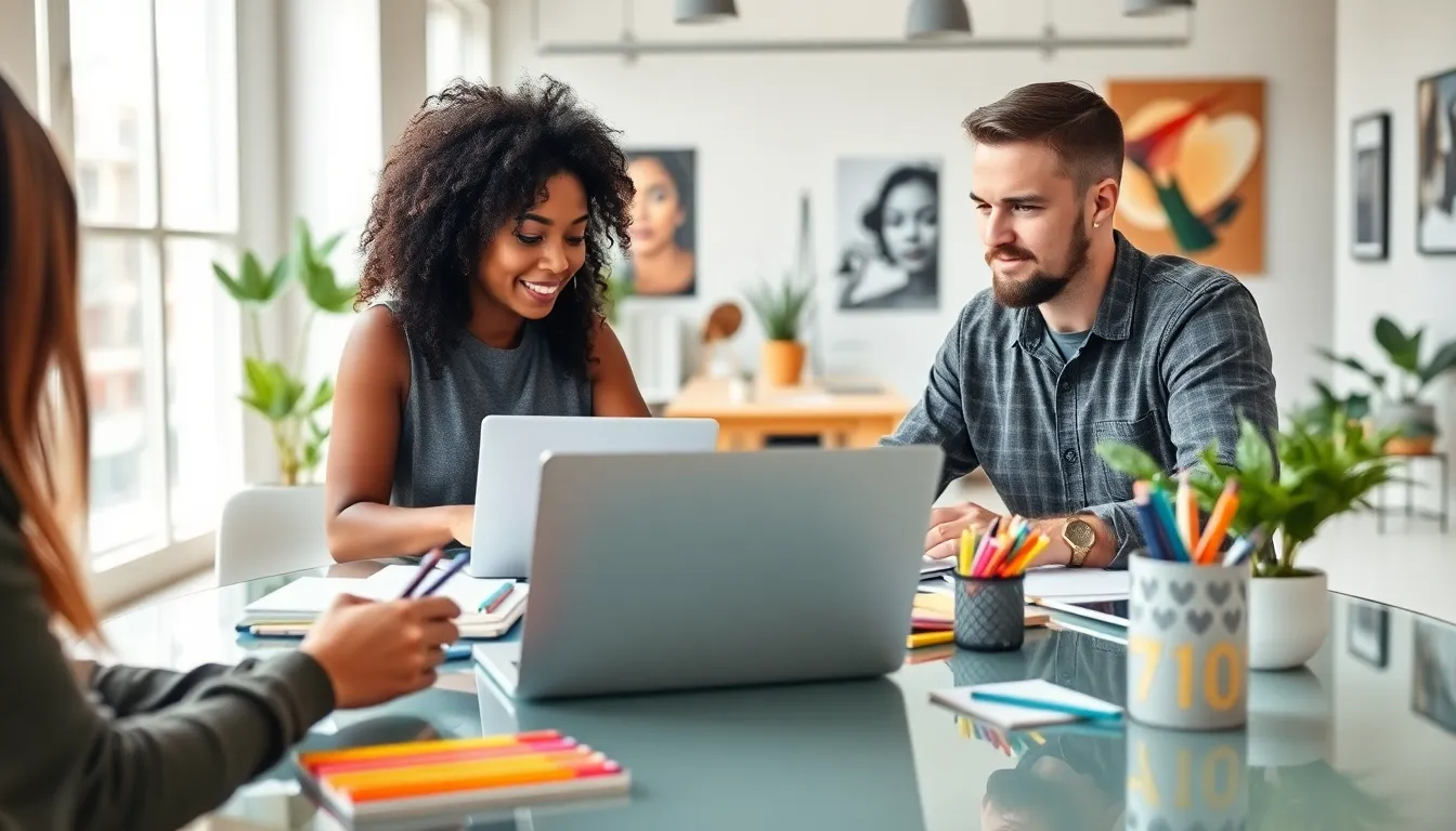 diverse group collaborating in a bright creative workspace.