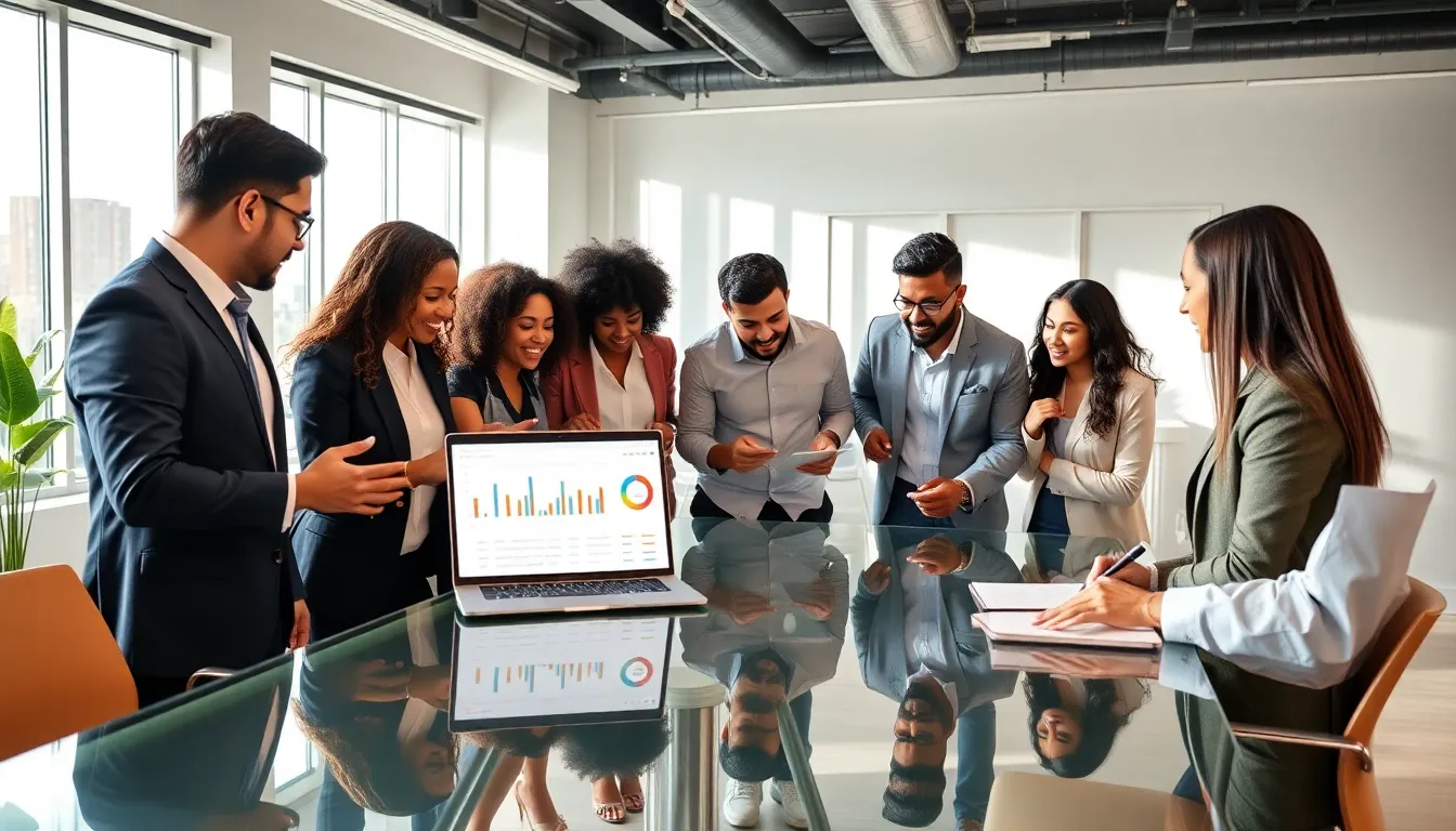 diverse team of digital marketing professionals collaborating in a modern office.