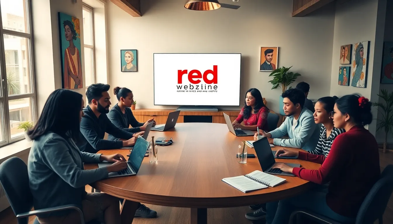 diverse writers discussing in a modern creative workspace.